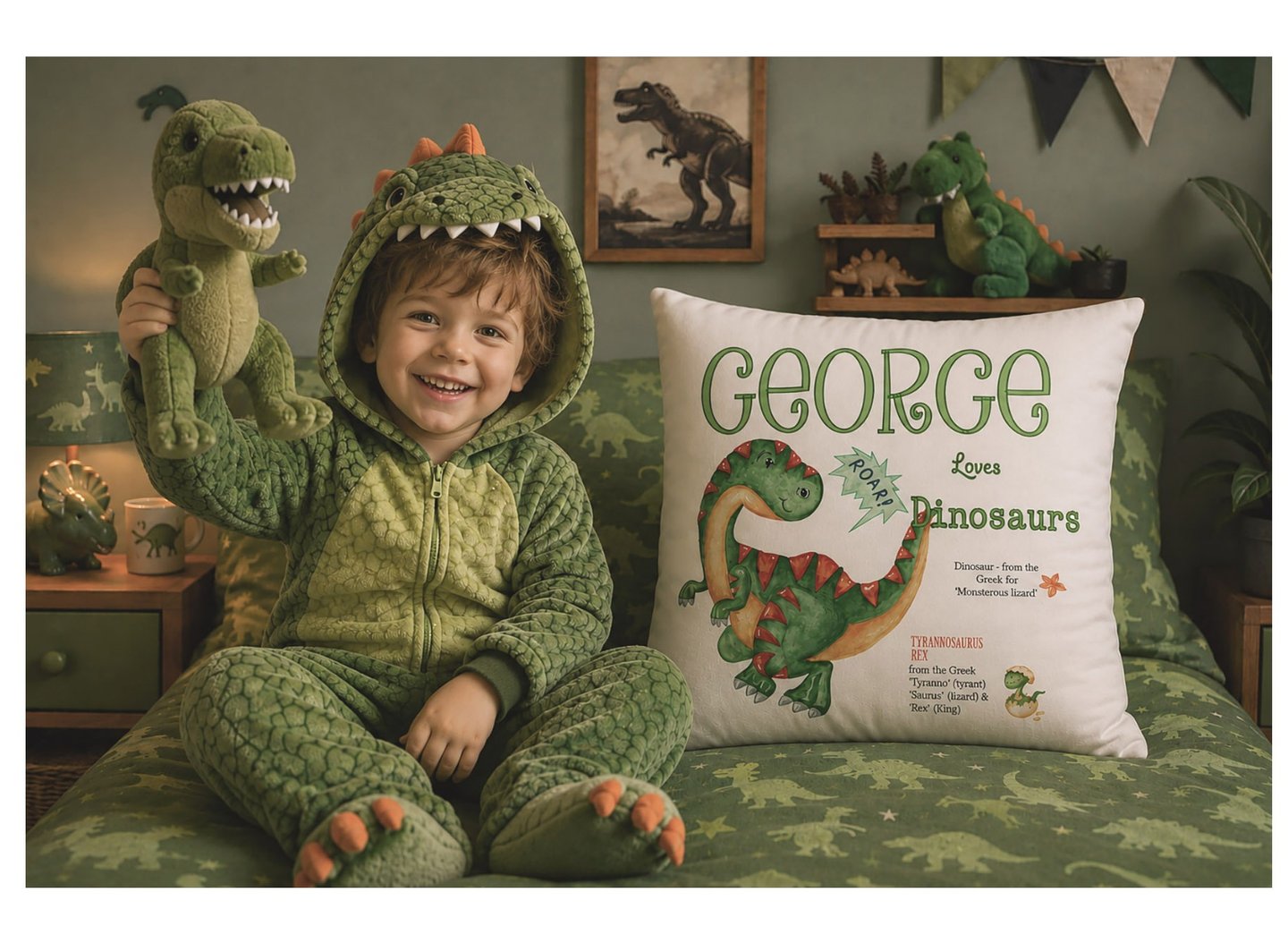 Young boy dressed in a dinosaur onesie holding a dinosaur toy beside a personalised dinosaur cushion