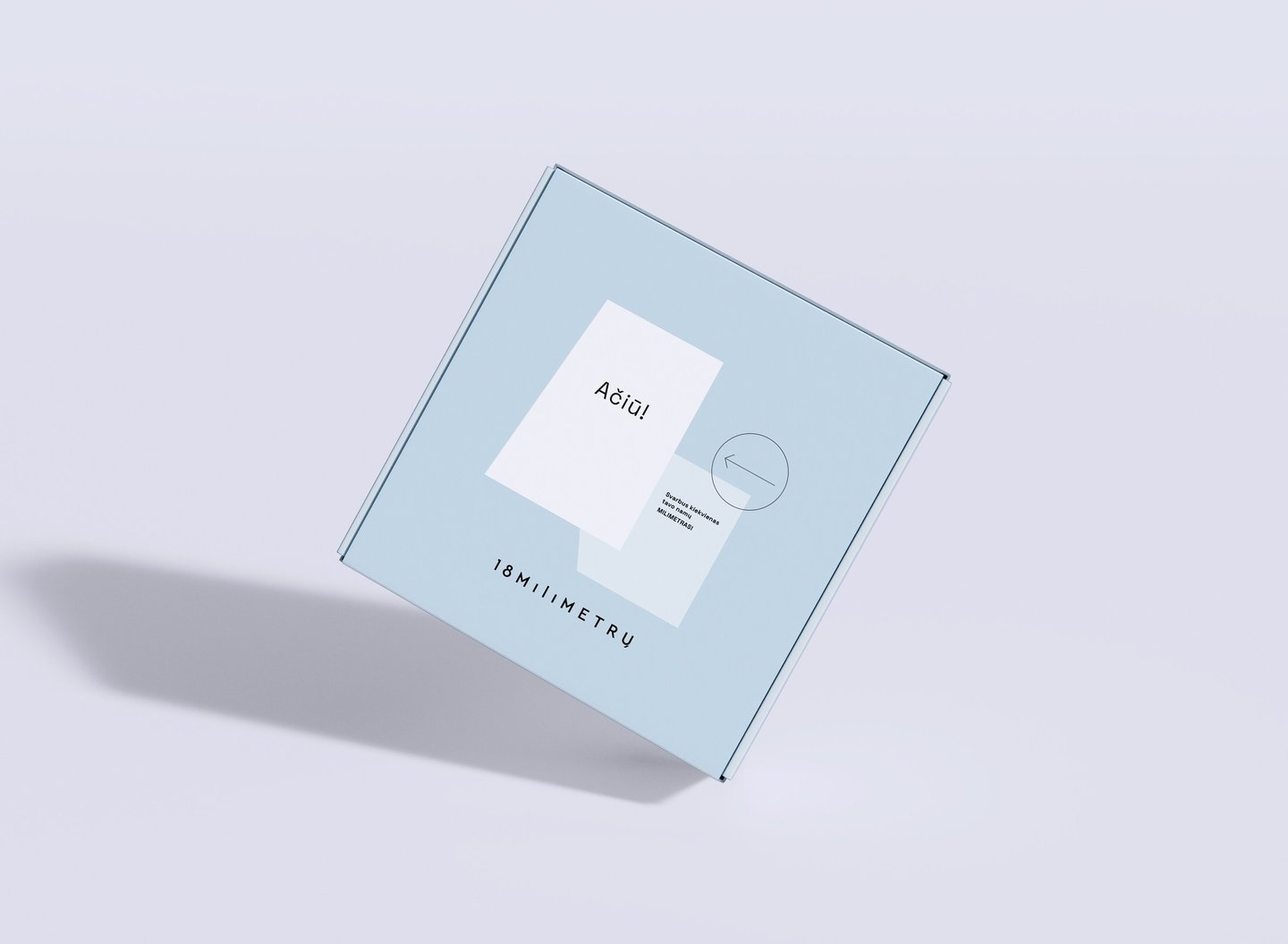 Light blue cardboard mailer box with minimalist branding and a white thank you card.