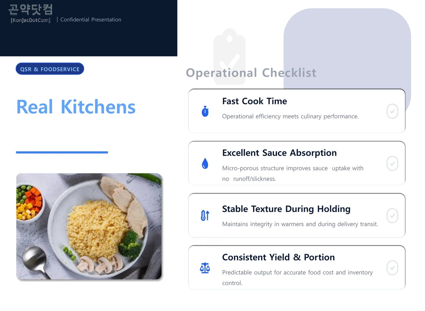 QSR foodservice infographic showing konjac rice benefits like fast cook time and sauce absorption.