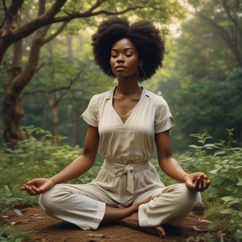 A serene landscape with a person meditating in nature.