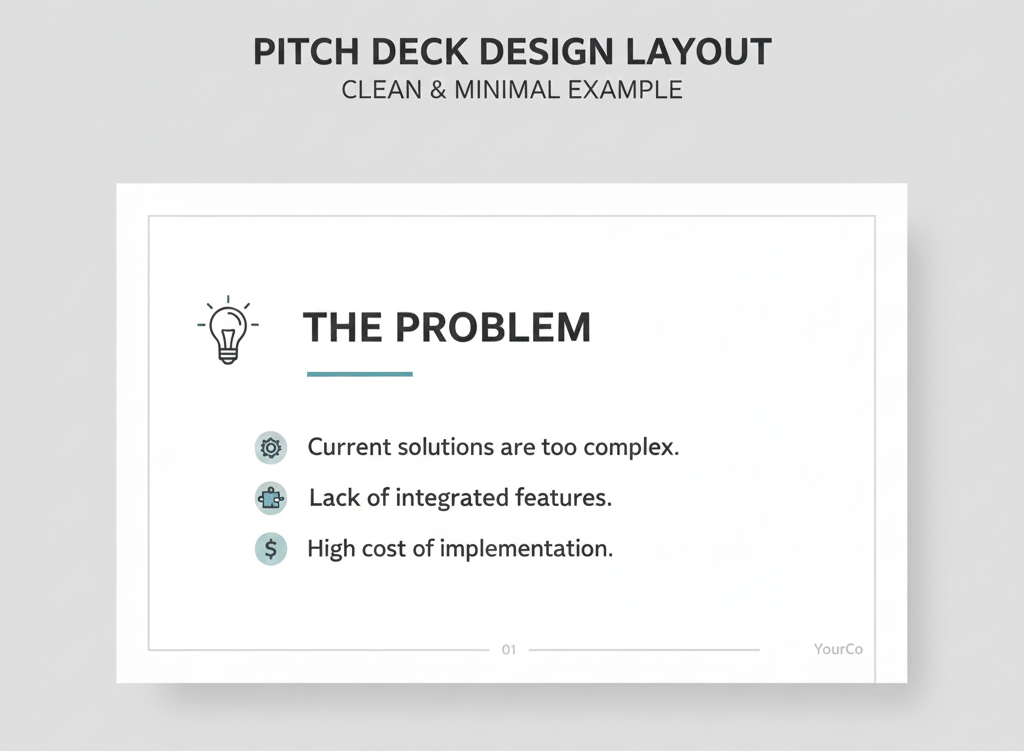 Example of a clean and minimal pitch deck design layout with proper spacing and typography.