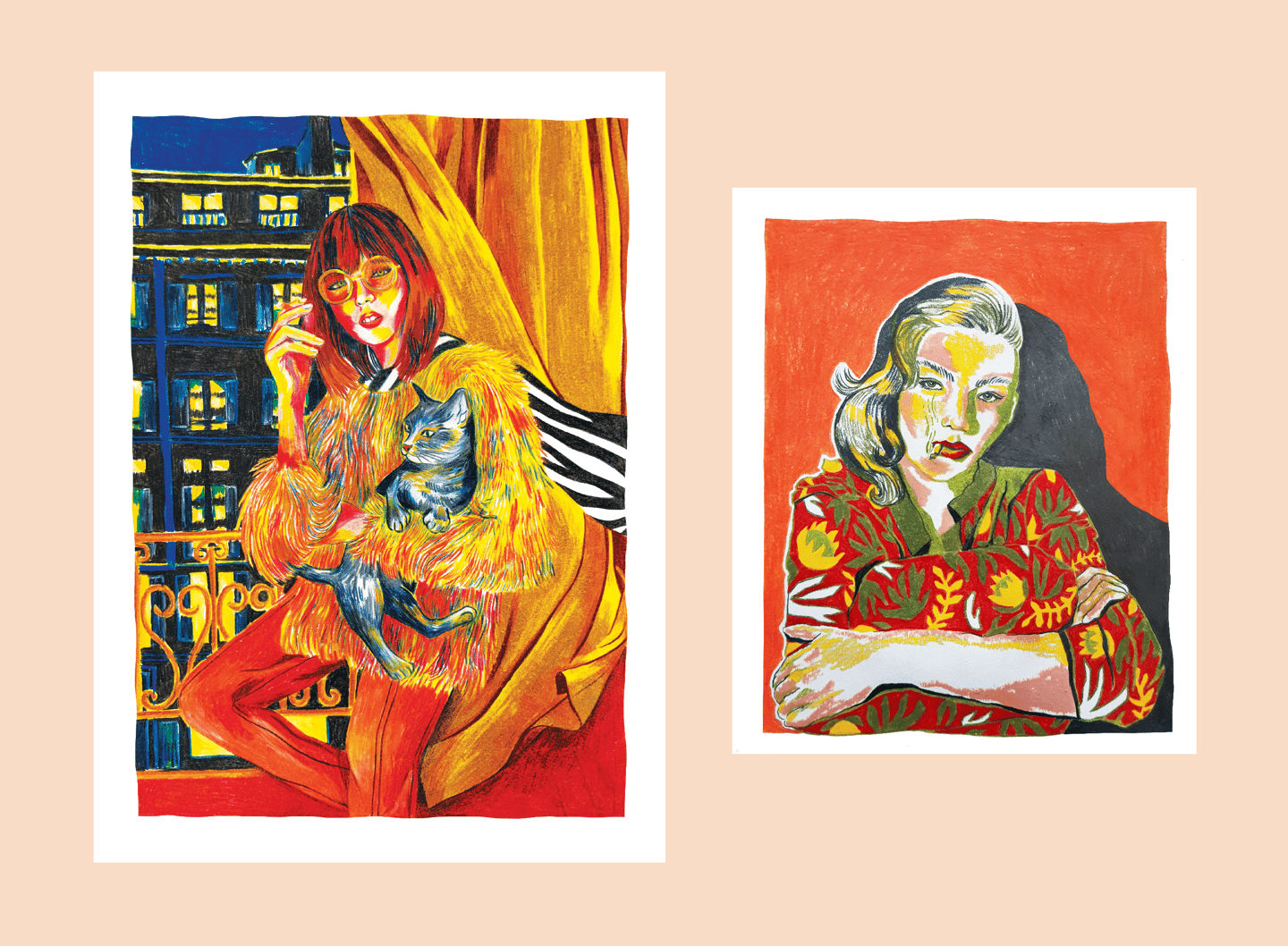 two paintings of a woman with a cat