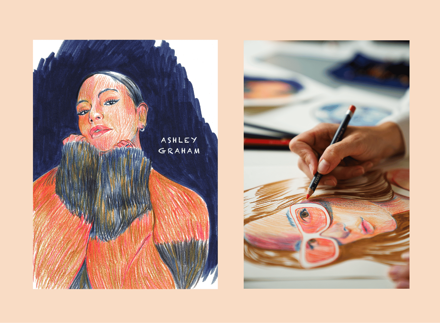 a woman's hand holding a pencil and a drawing of a man's