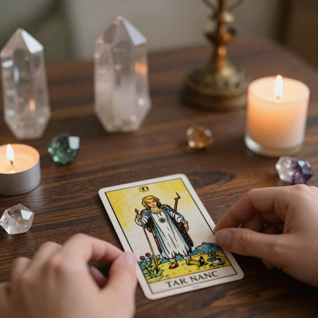 Two sisters smiling warmly, surrounded by tarot cards and glowing with bright pink and blue energy hues.