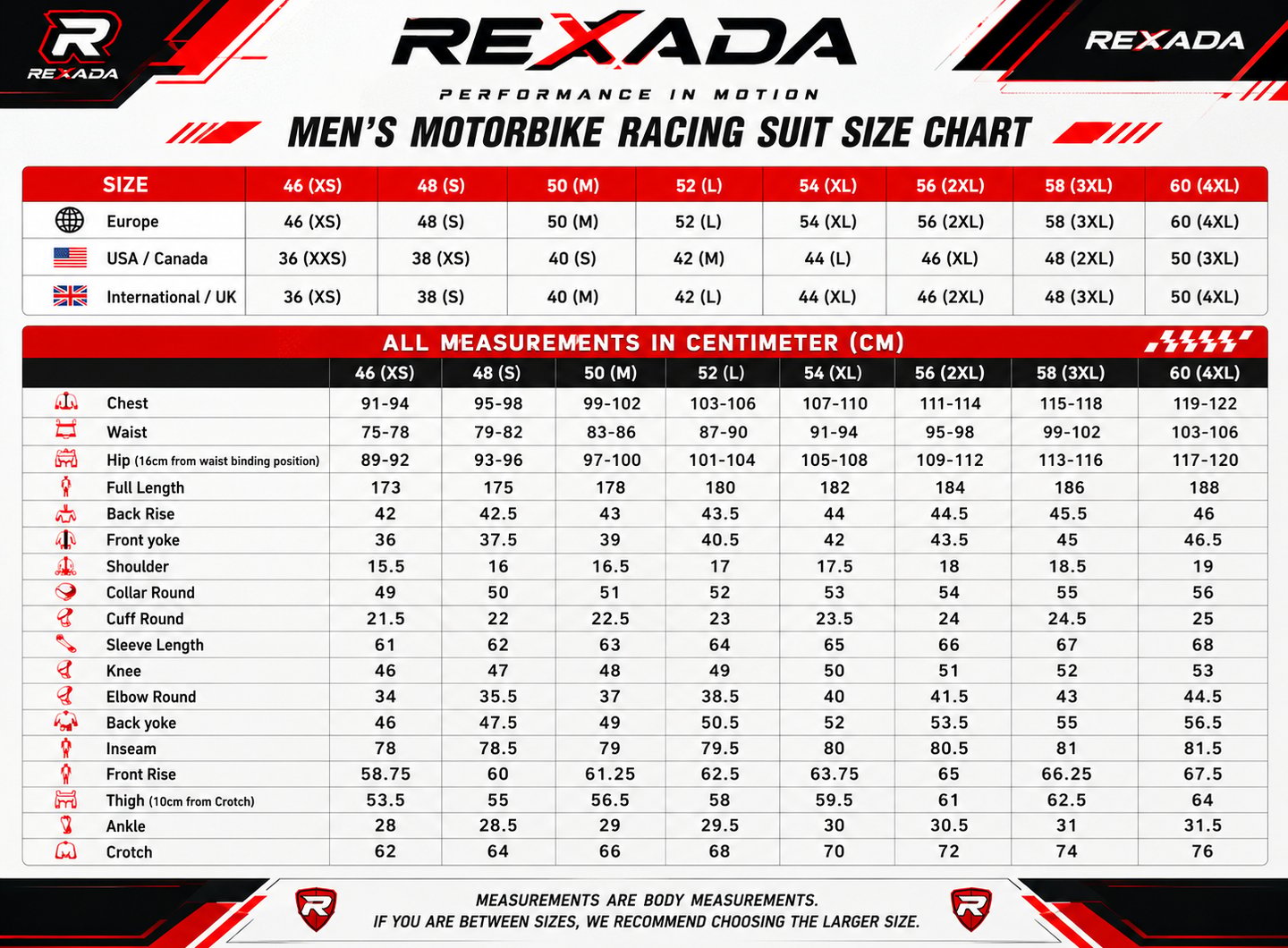 Men Motorcycle leather suit size guide