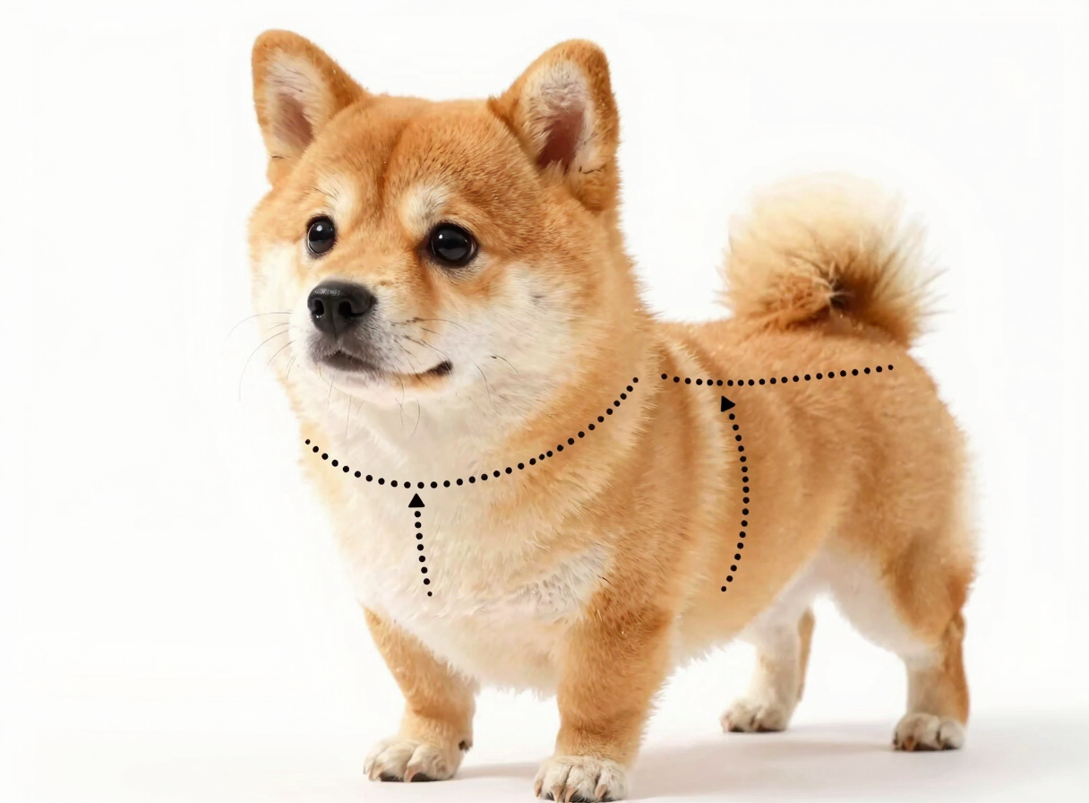 Un cachorro de Shiba Inu adorable con líneas punteadas que muestran cómo medir a un perro para un arnés o un collar.
