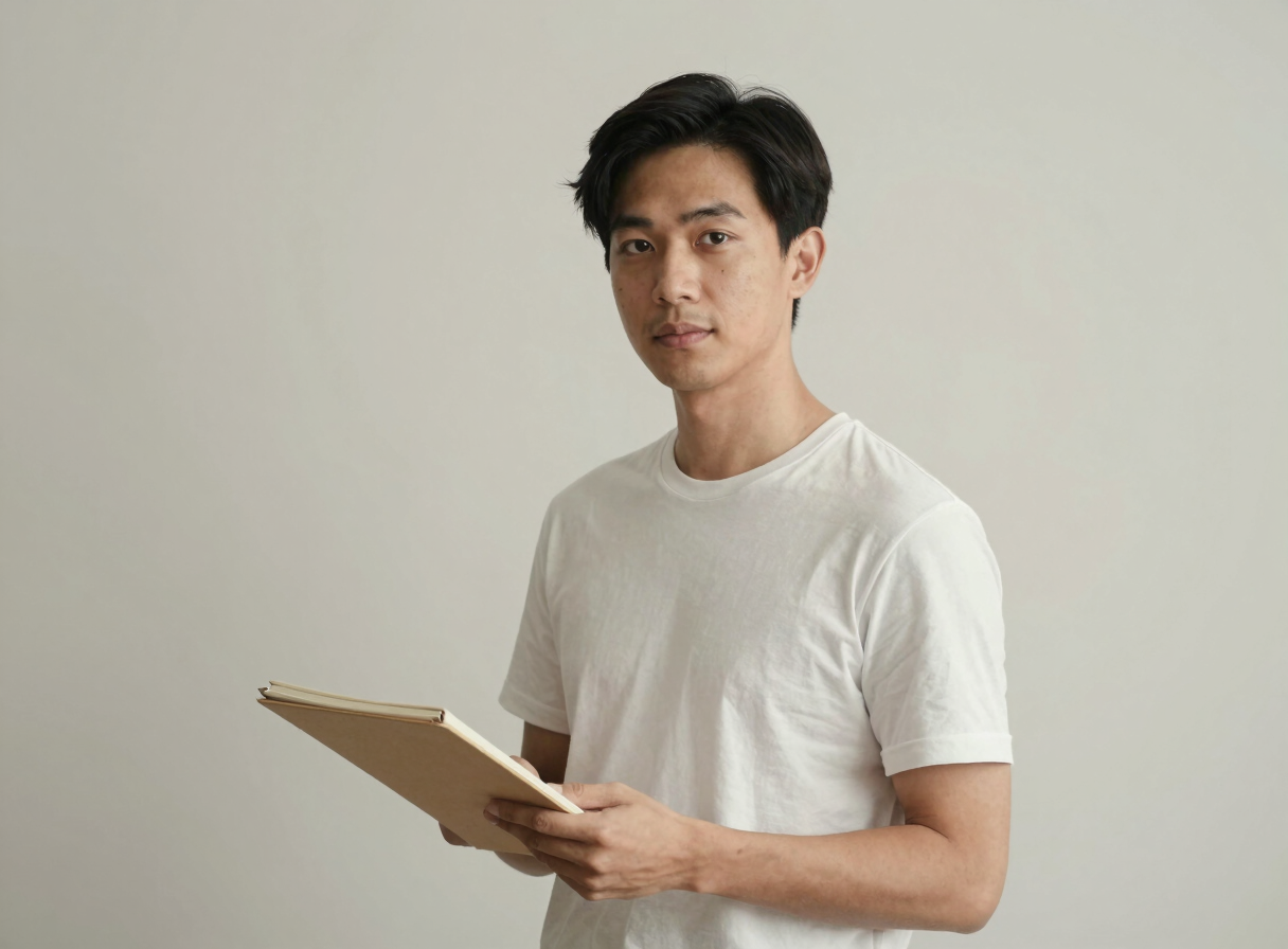 man in plain clothes with notepad looking forward towards viewer