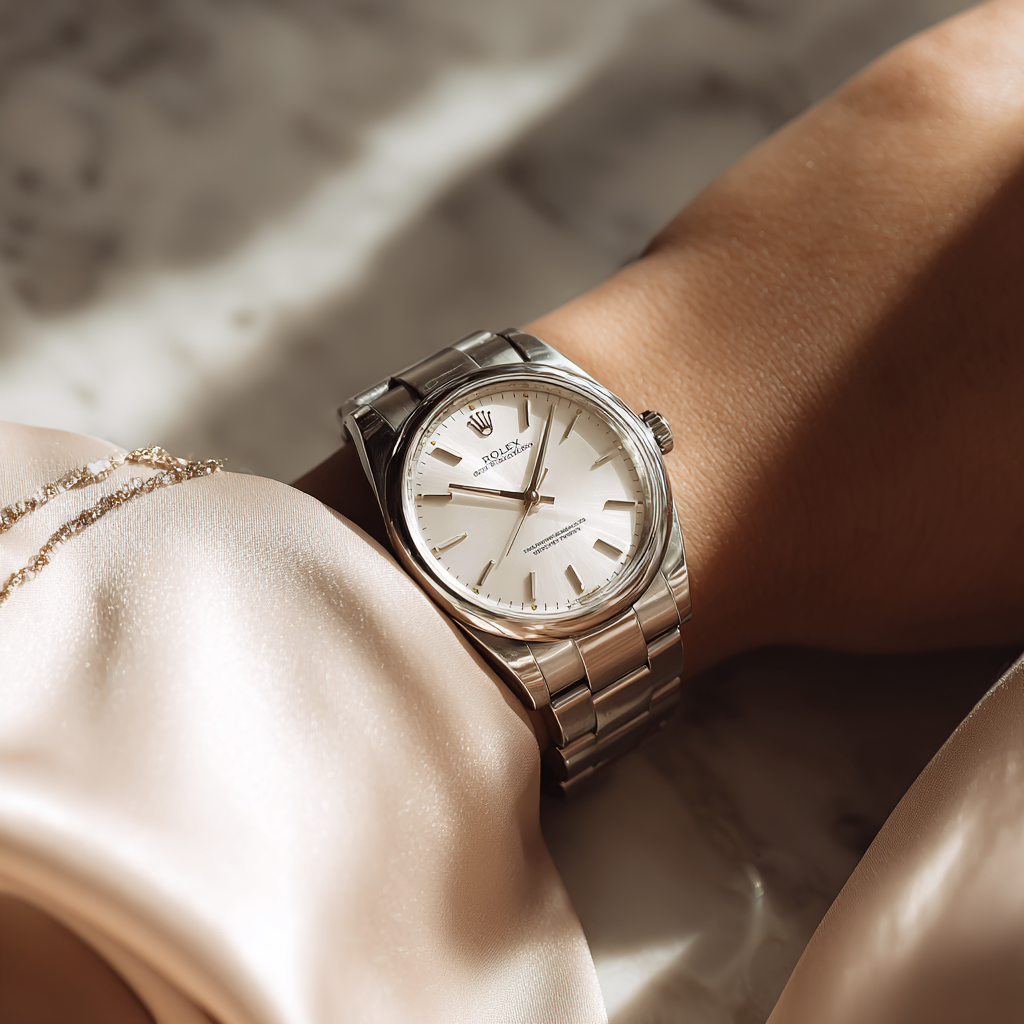 A luxury Rolex Oyster Perpetual silver dial watch on a person's wrist with silk clothing.