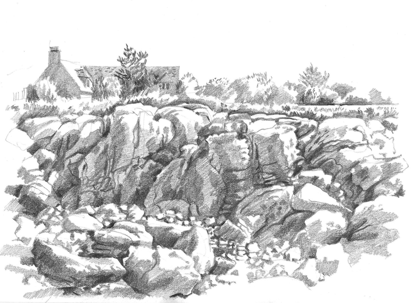 Dessin de paysage à la mine de plomb représentant des rochers en Bretagne
