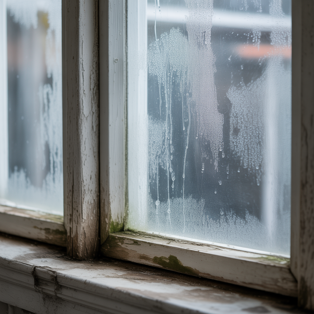 Old residential window with condensation showing signs that window replacement may be needed