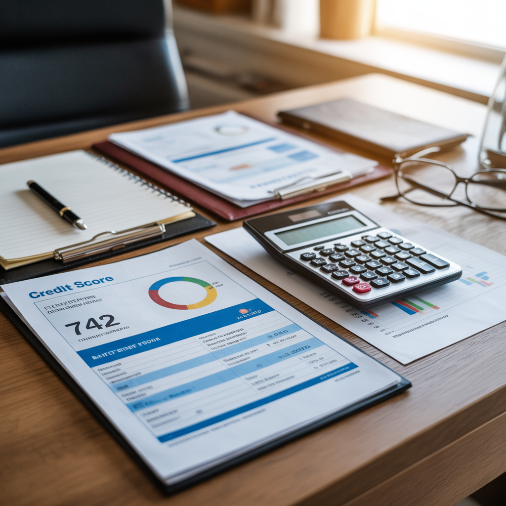 Credit score report on a desk with calculator and documents used for personal credit history