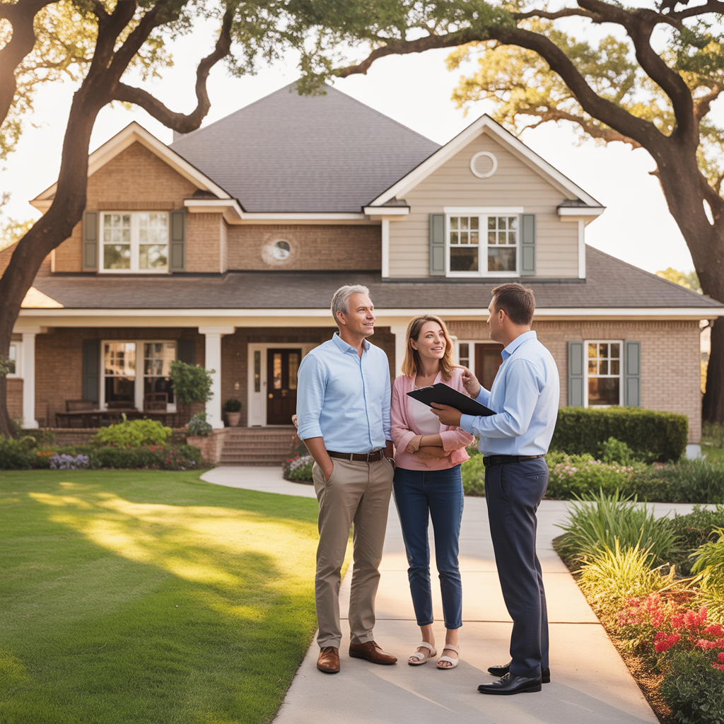 Homeowners discussing home insurance coverage outside their house.