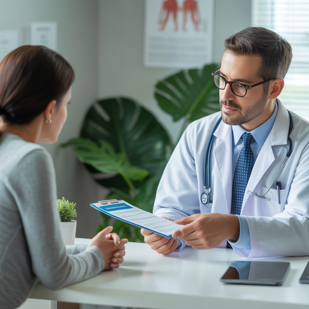 Doctor explaining health insurance options to a patient during a consultation.