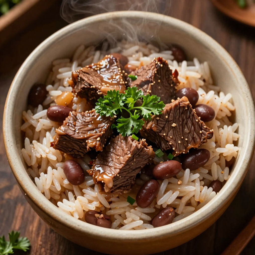 A top-down macro shot of a steaming ceramic bowl filled with traditional Brazilian rice, beans, and slow-cooked beef, garnished with fresh chopped parsley, warm afternoon sunlight casting soft shadows.