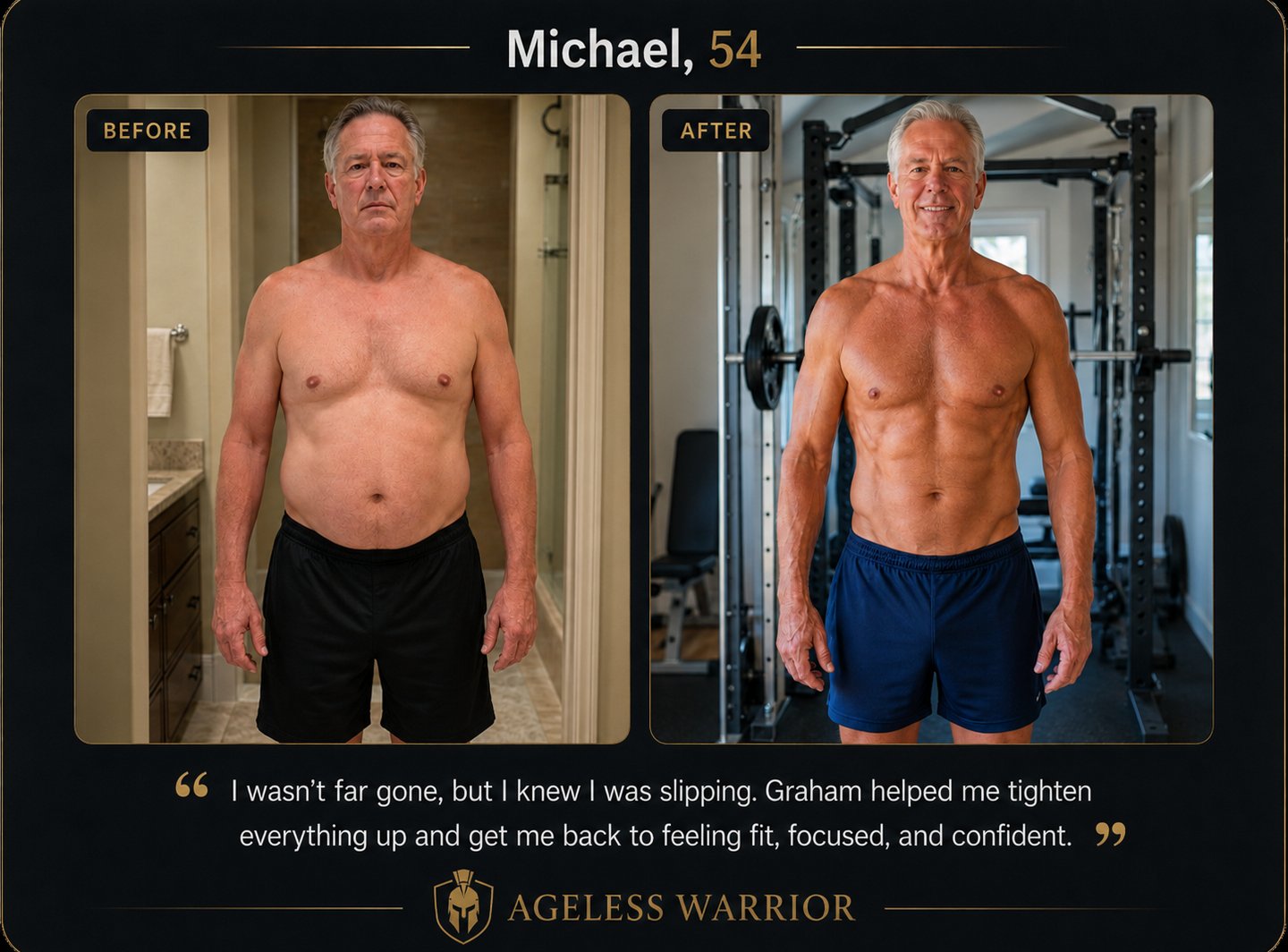 54-year-old man before and after body transformation, showing him slightly overweight before coachin