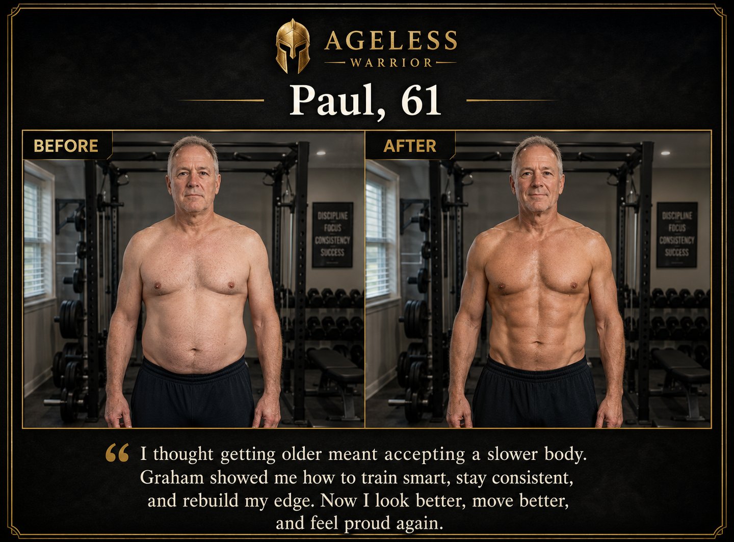 61-year-old man before and after strength and body transformation in a home gym