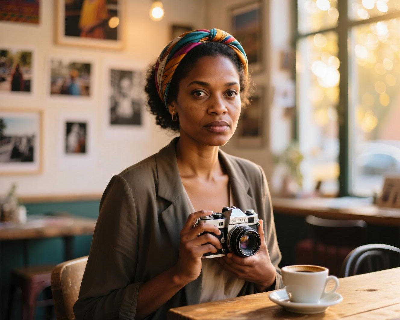 a woman sitting at a table with a camera and a cup of coffee