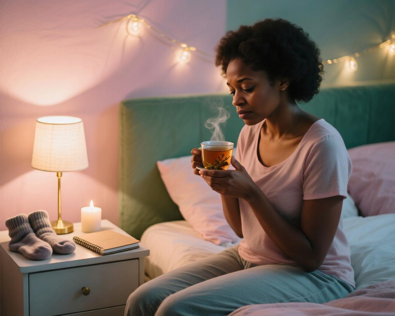 a woman sitting on a bed with a cup of tea