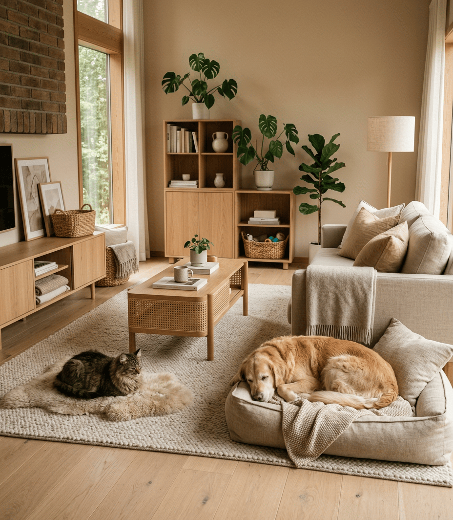 Cozy pet corner in a warm living room with a cat, dog, soft cushions, natural wood furniture and ind