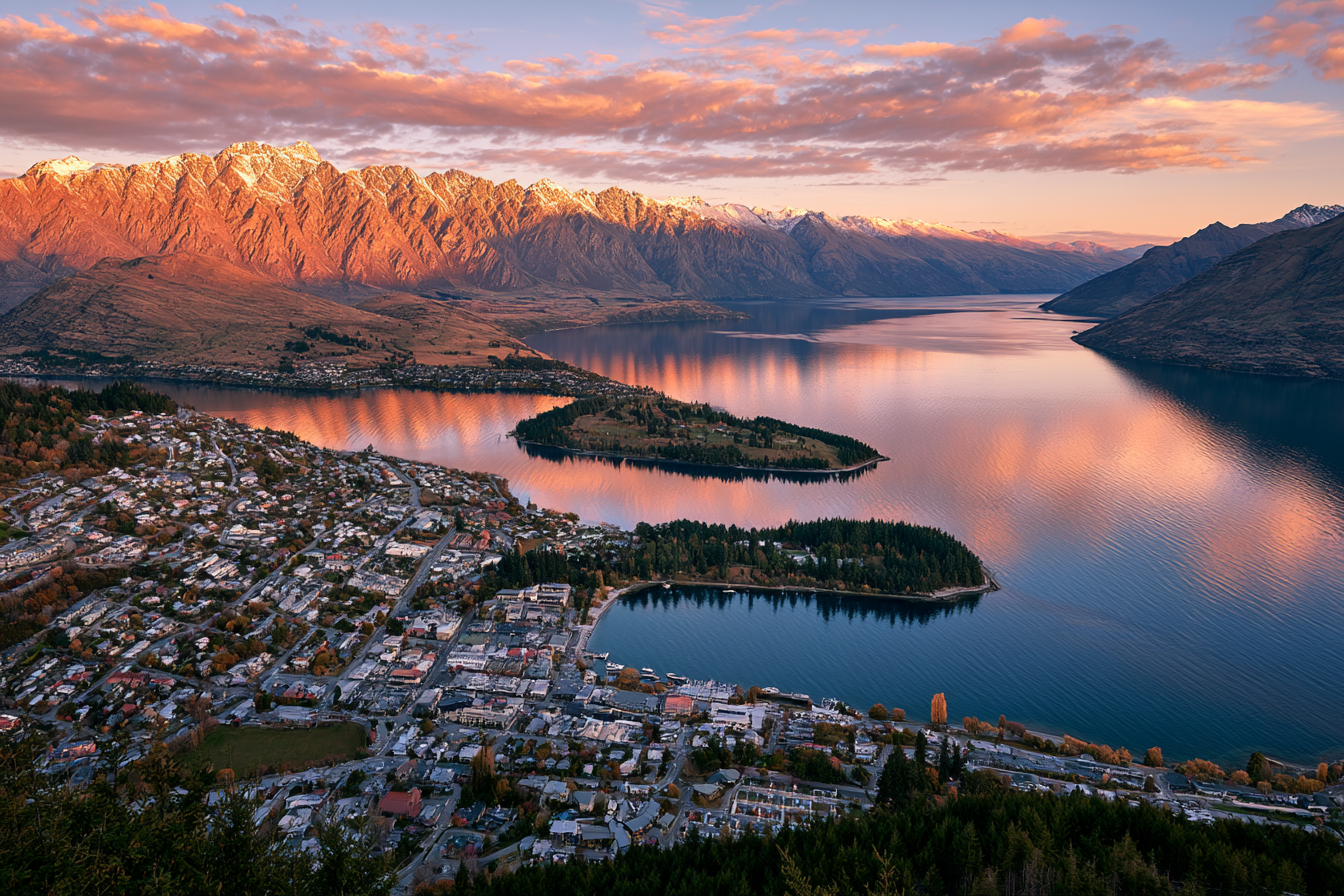 Aerial view of Queenstown, New Zealand at sunset with snowy Remarkables mountains reflecting in Lake Wakatipu.