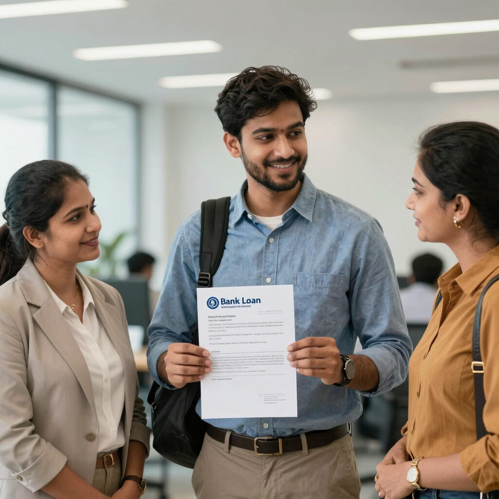 Professional Indian student holding admission letter and backpack, smiling with parents beside him, 