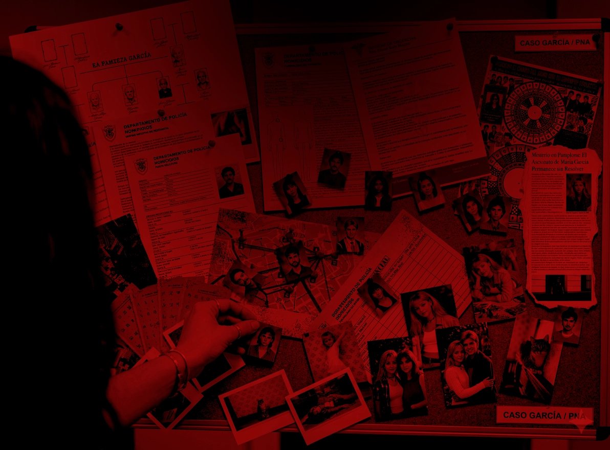 A person's hand placing photographs and documents on a red-lit murder investigation cork board, revealing clues and crime