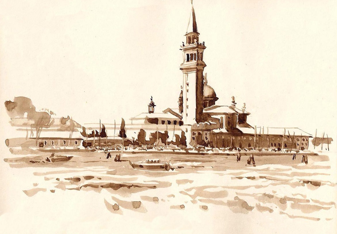 Dessin de paysage au lavis de brou de noix représentant Venise.