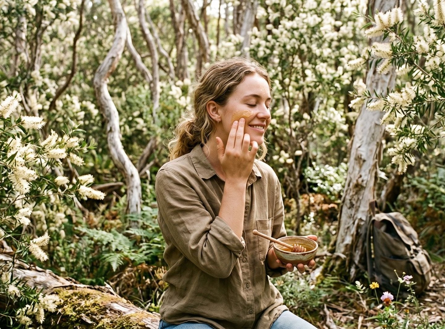 A woman applying a natural tea tree honey face mask outdoors in a blooming tea tree forest.