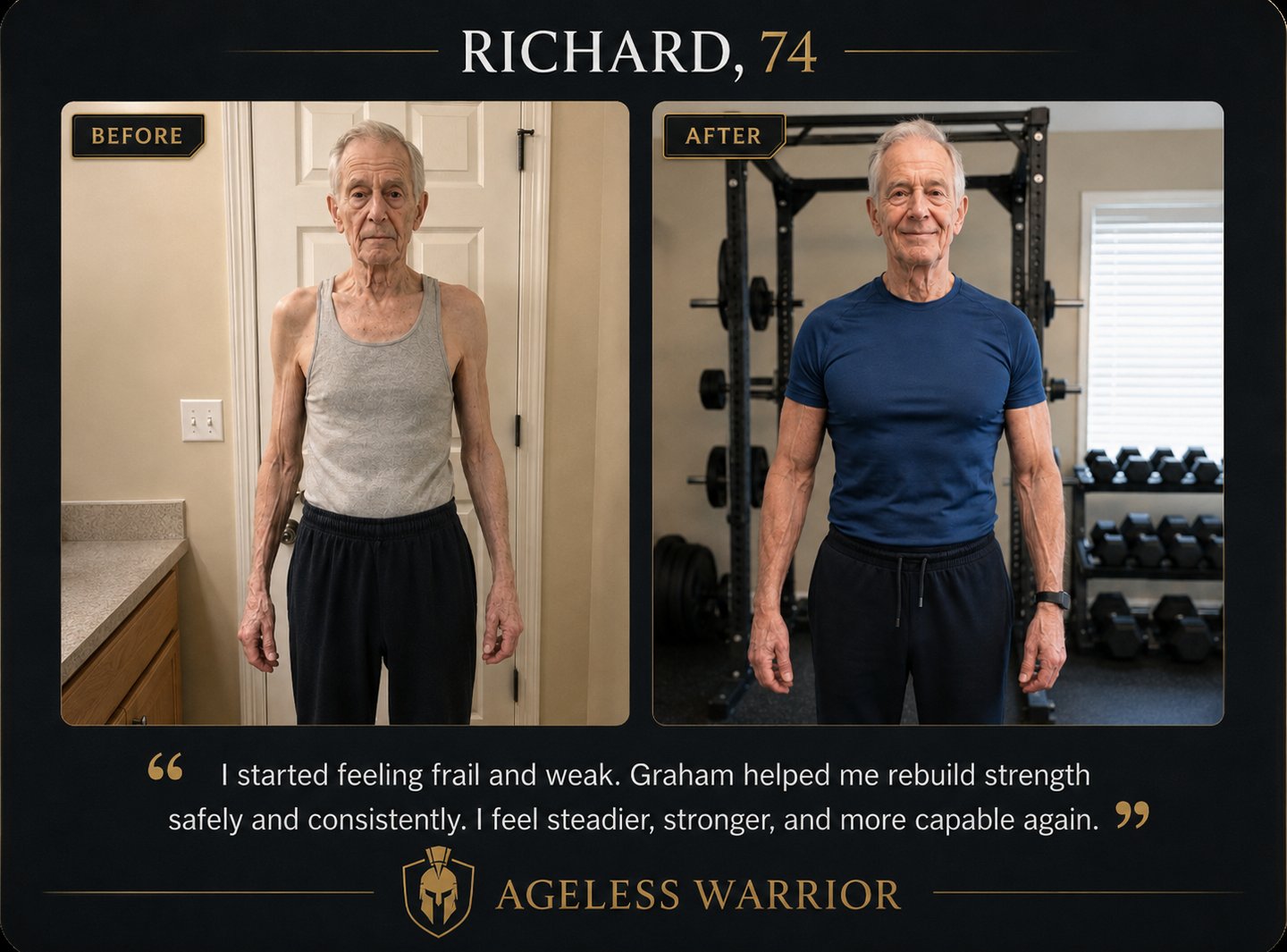 74-year-old man before and after strength transformation, showing him thin and frail before coaching