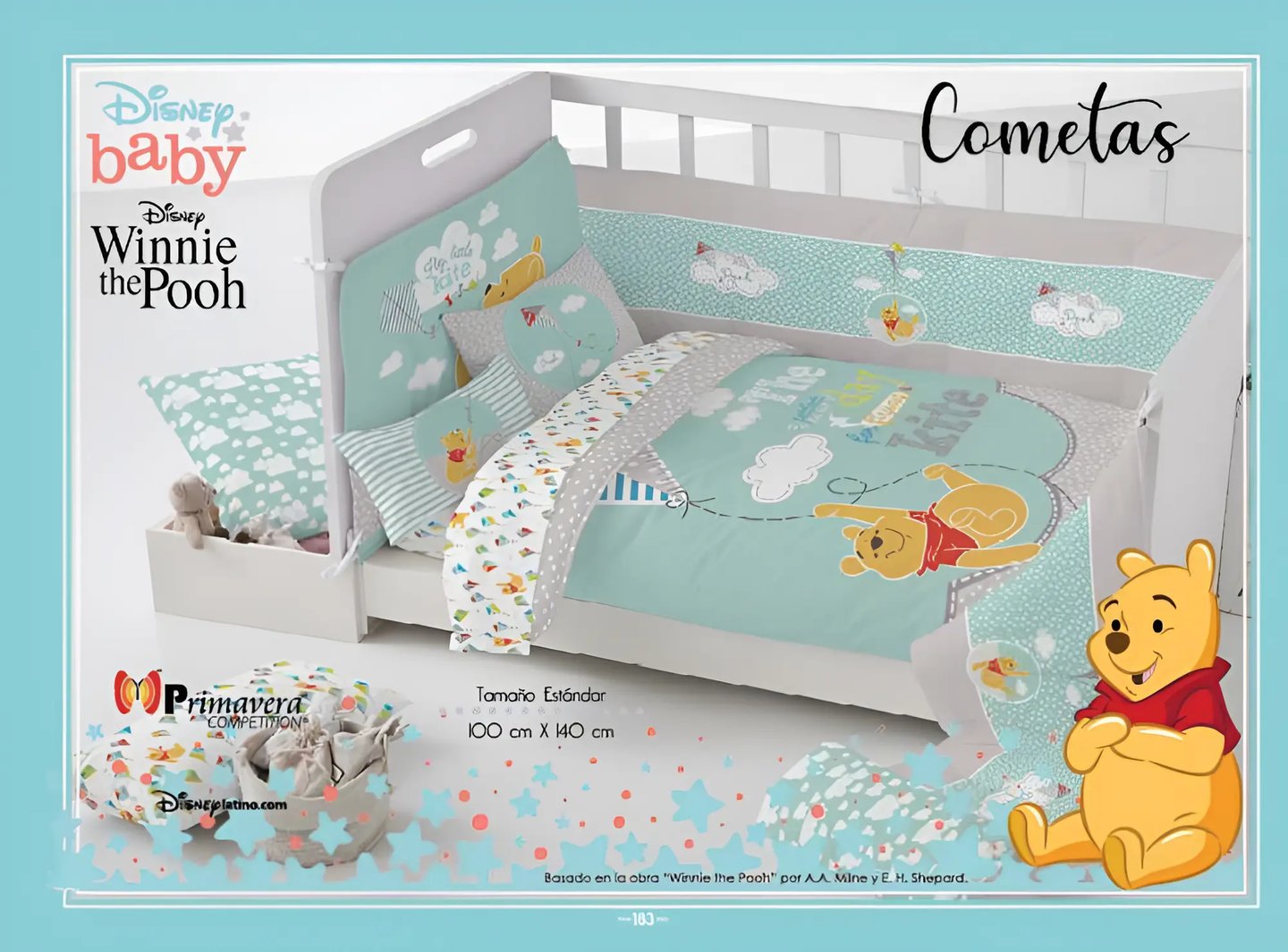 Cunero azul con estampado de winnie pooh modelo Cometas de la marca Colchas Primavera