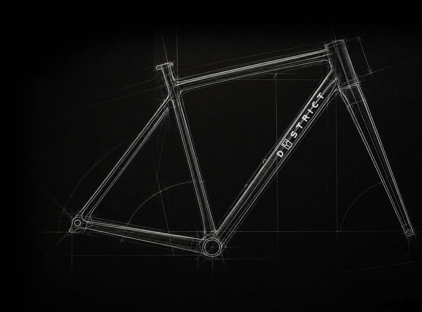 A technical hand-drawn sketch of a Dystrict bicycle frame design on a black background.