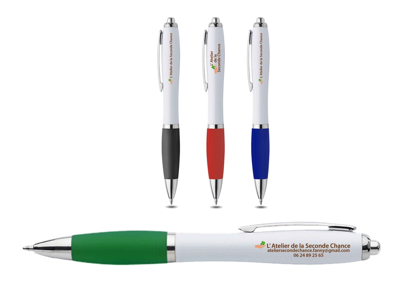 stylo à bille blanc avec embout en caoutchouc de couleur