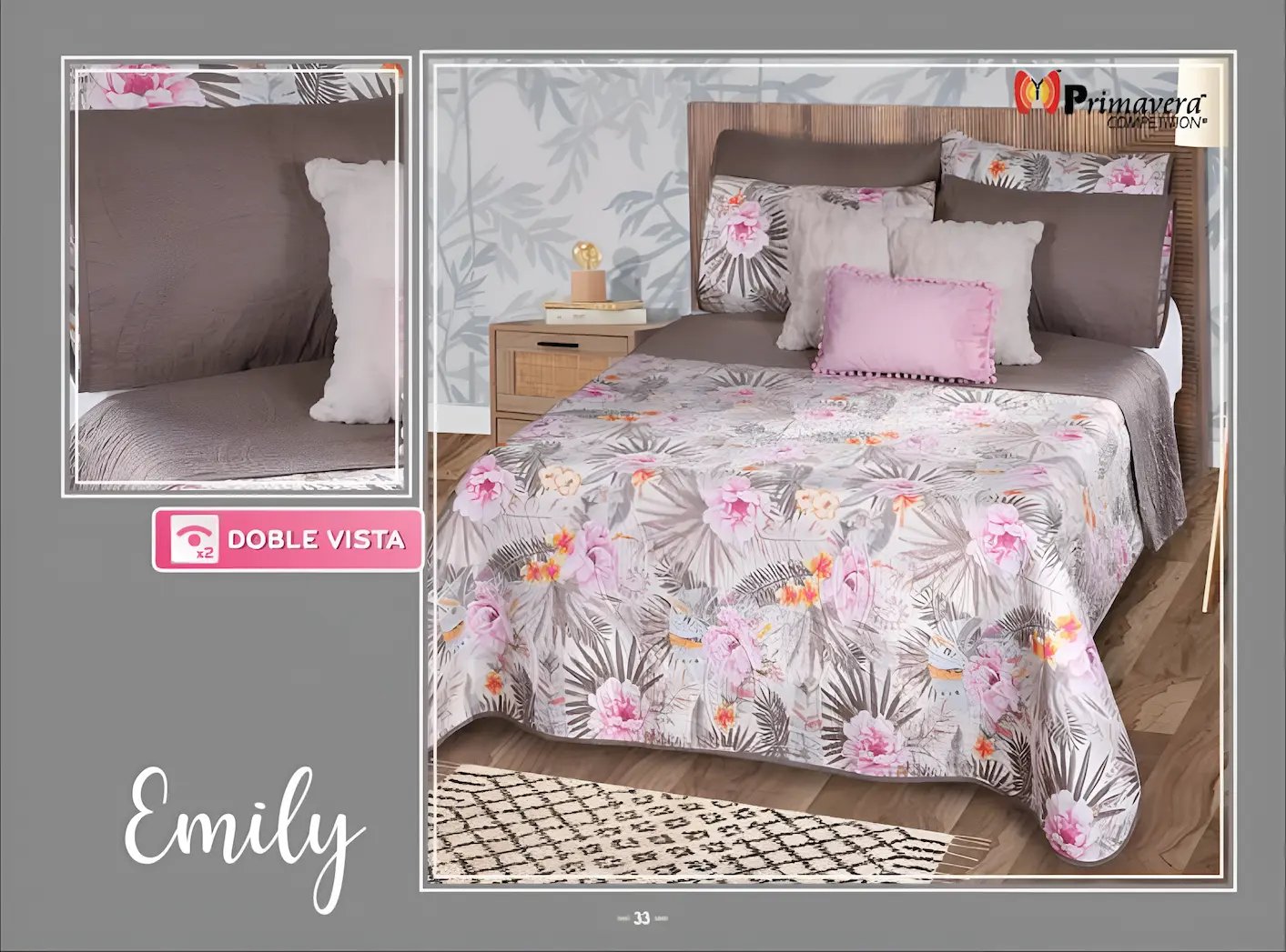 Edredón ligero gris con rosa modelo Emily de la marca Colchas Primavera