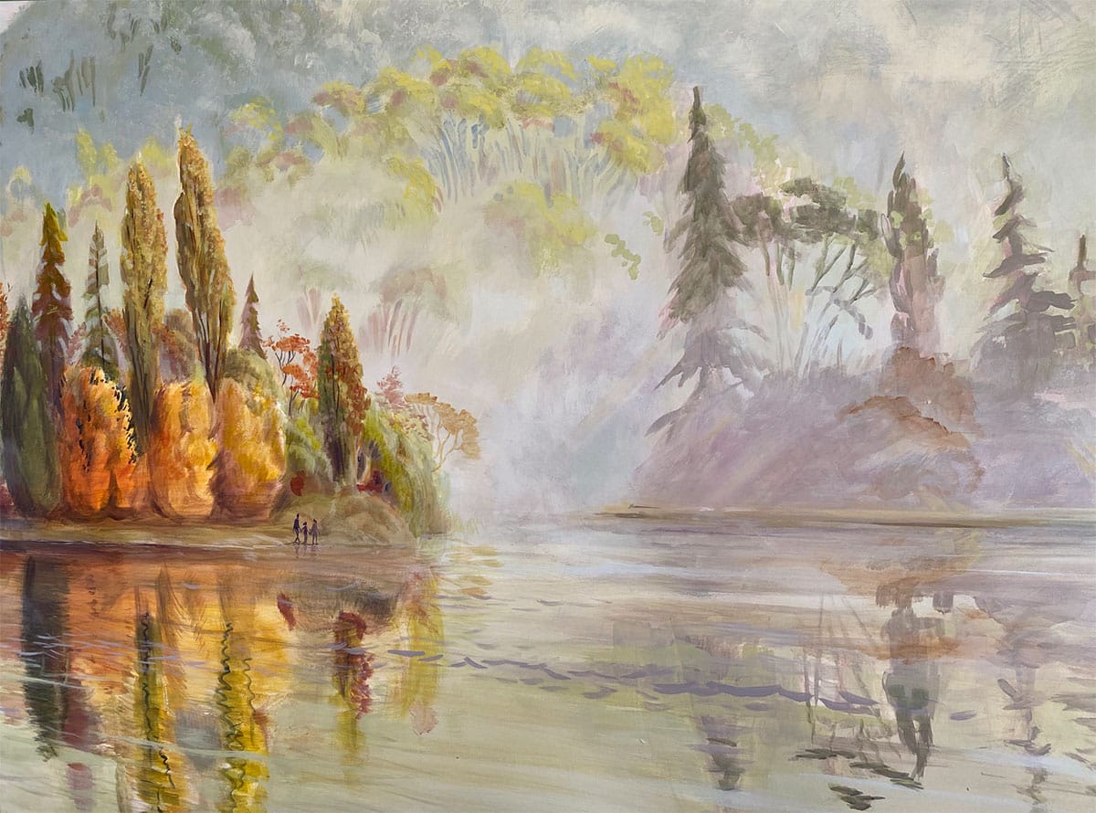  Close-up of a hydrotherapy mural depicting a forested lake in New Zealand with people walking.