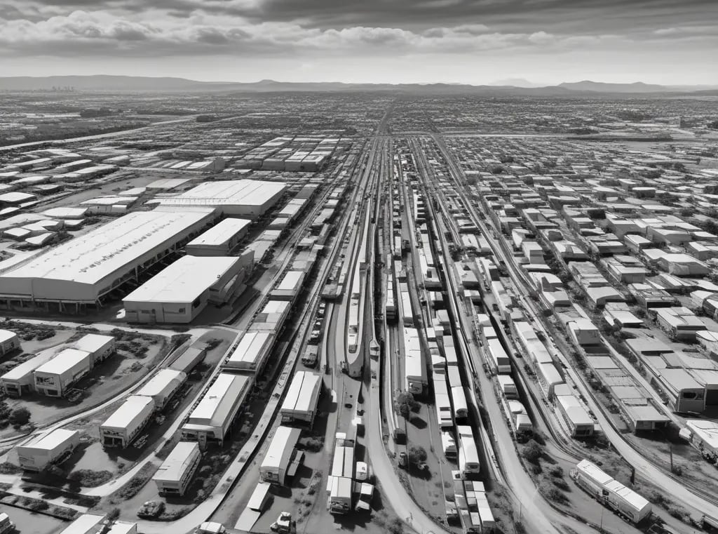 Foto a blanco y negro de un Corredor Industrial, formado por varios Parques Industriales Naves Ind.