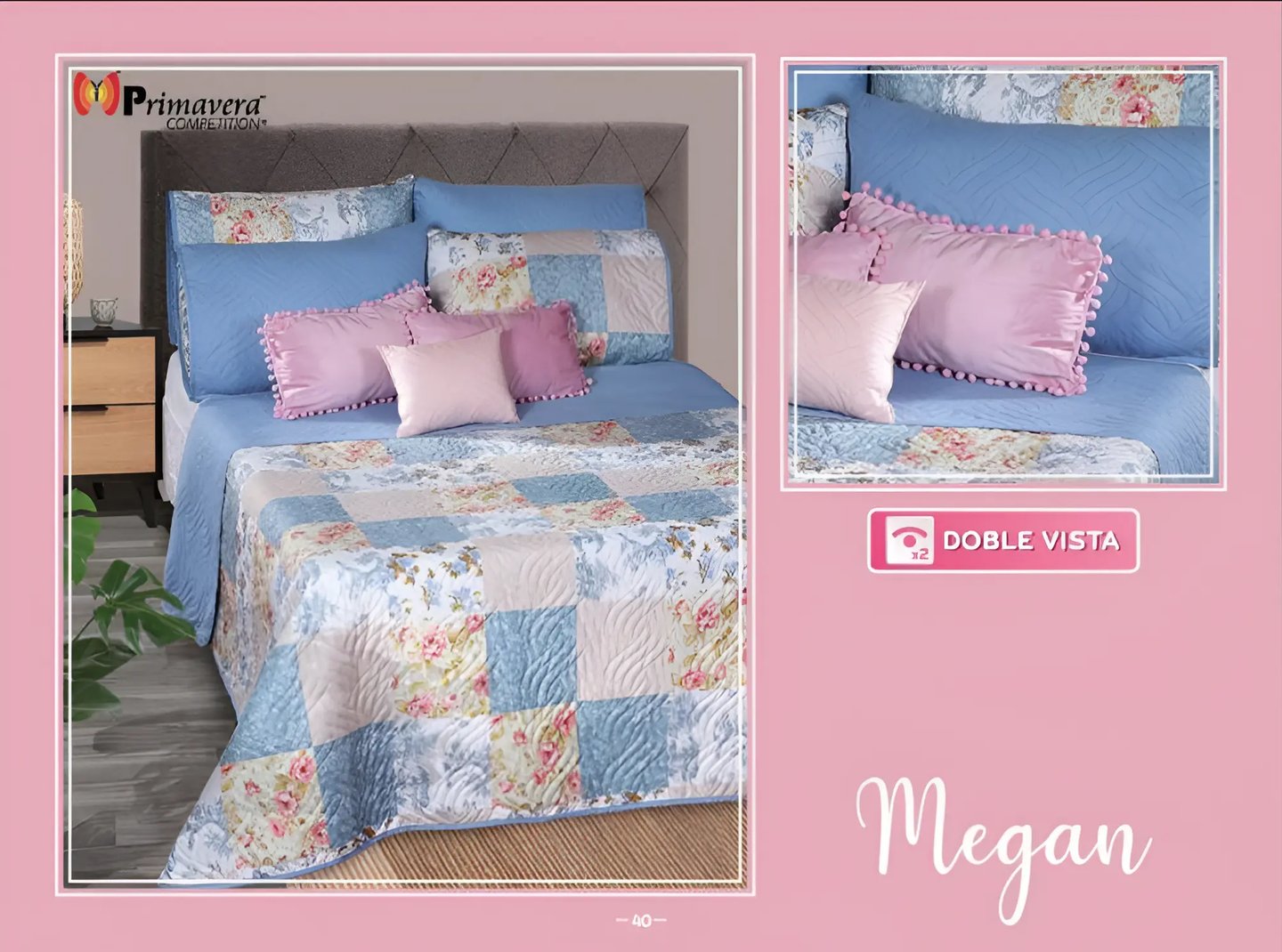 Edredón ligero azul con rosa y blanco modelo Megan de la marca Colchas Primavera