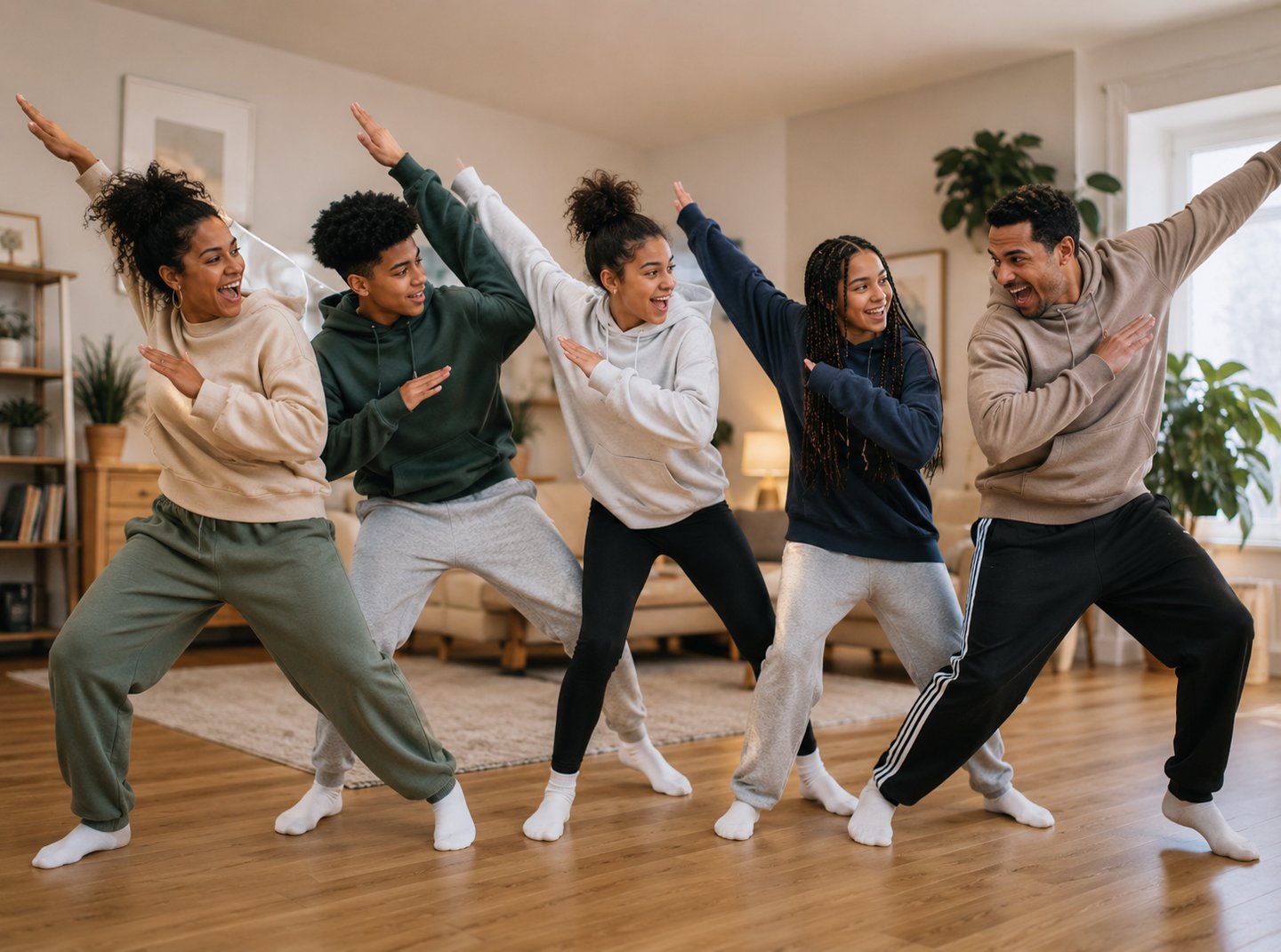 A mixed race family of 5 with teenage children doing a dance routine happily together.