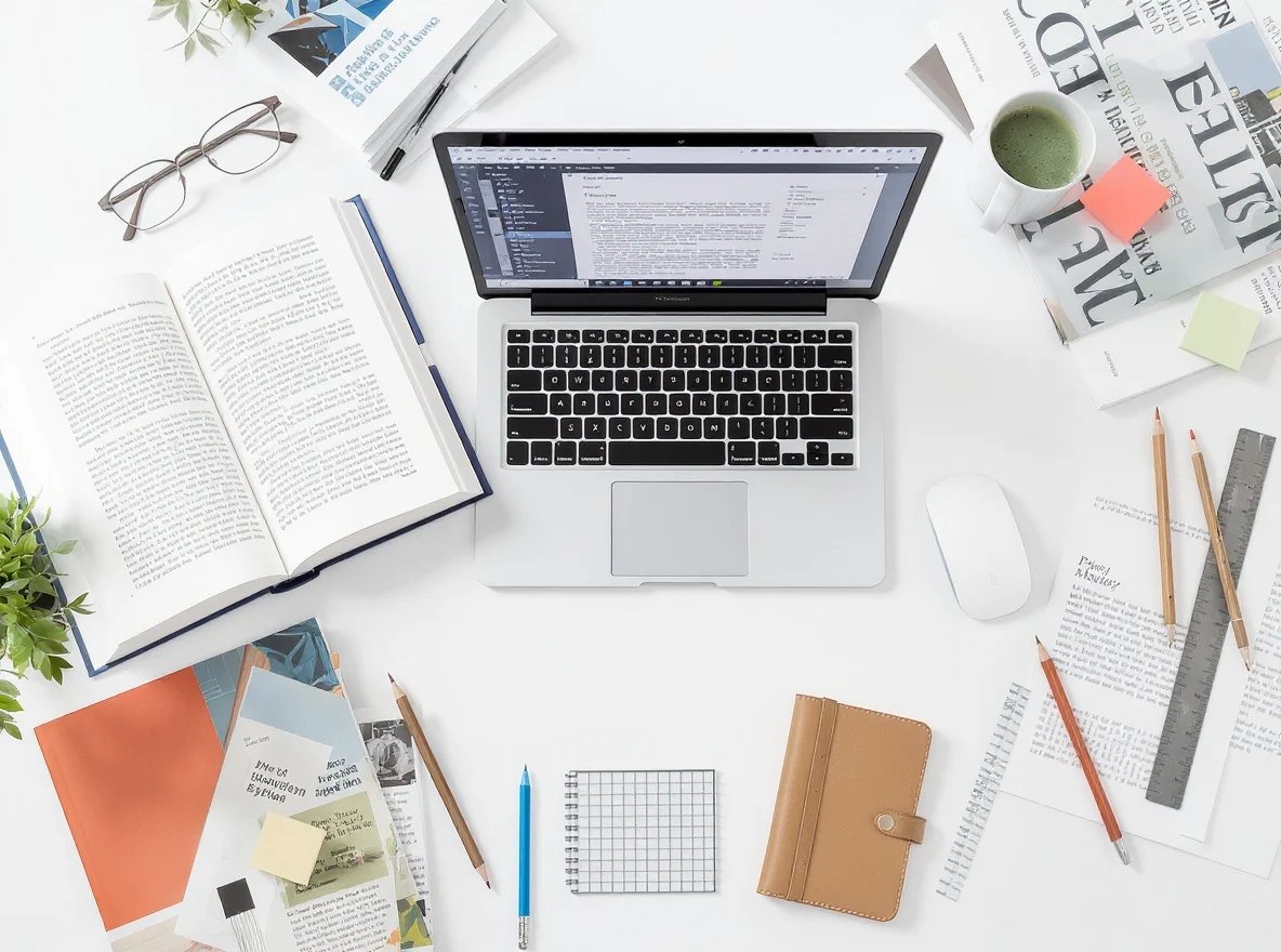 An overhead shot of a messy desk with a laptop, books, papers, and a mug.
