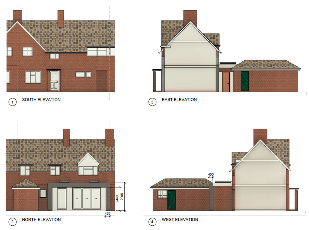 2D proposed elevations for a single story rear extension for a terrace property