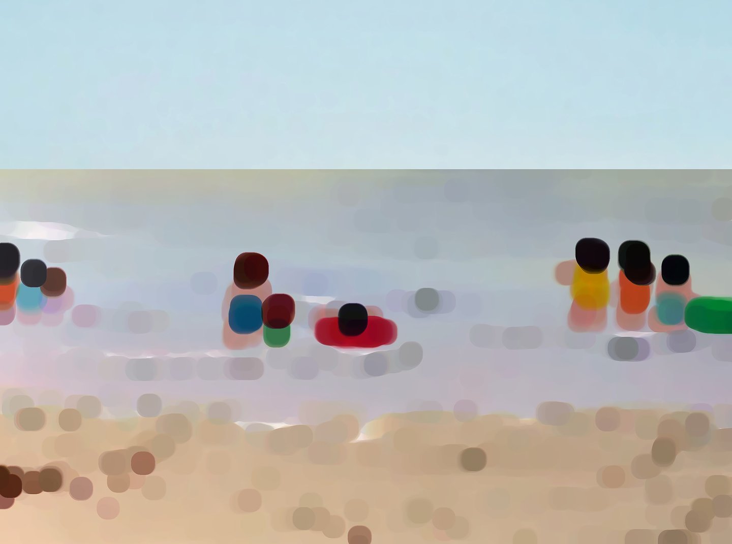 a group of people standing in a line of colorful circles