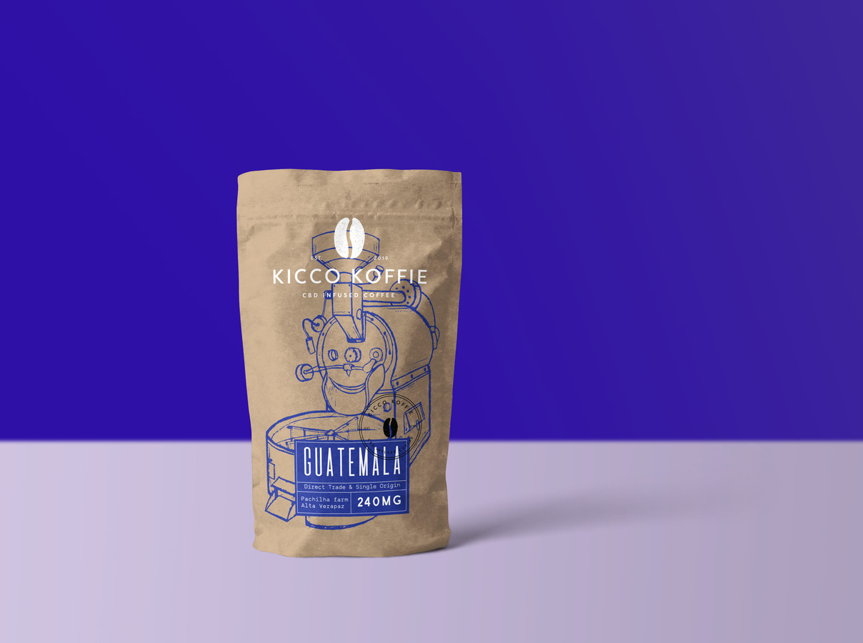 fraft coffee bag with minimalis picture of coffee roasting maschine, royal blue color