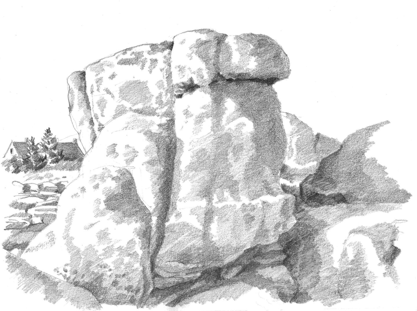 Dessin de paysage à la mine de plomb représentant des rochers en Bretagne