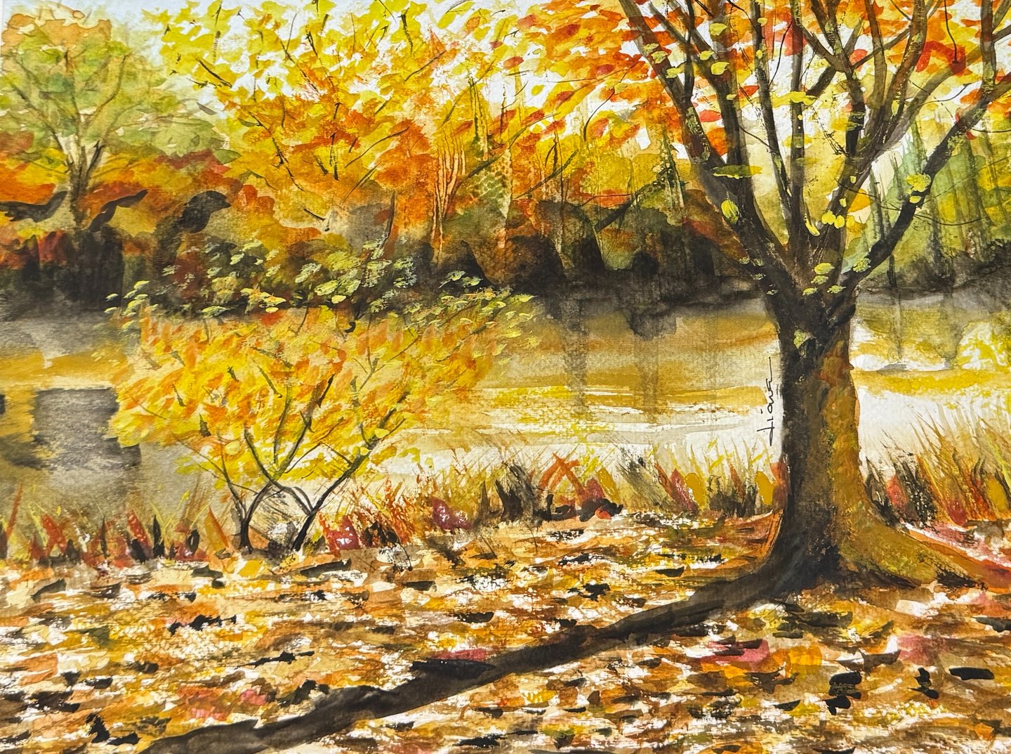 a painting of a tree in the fall