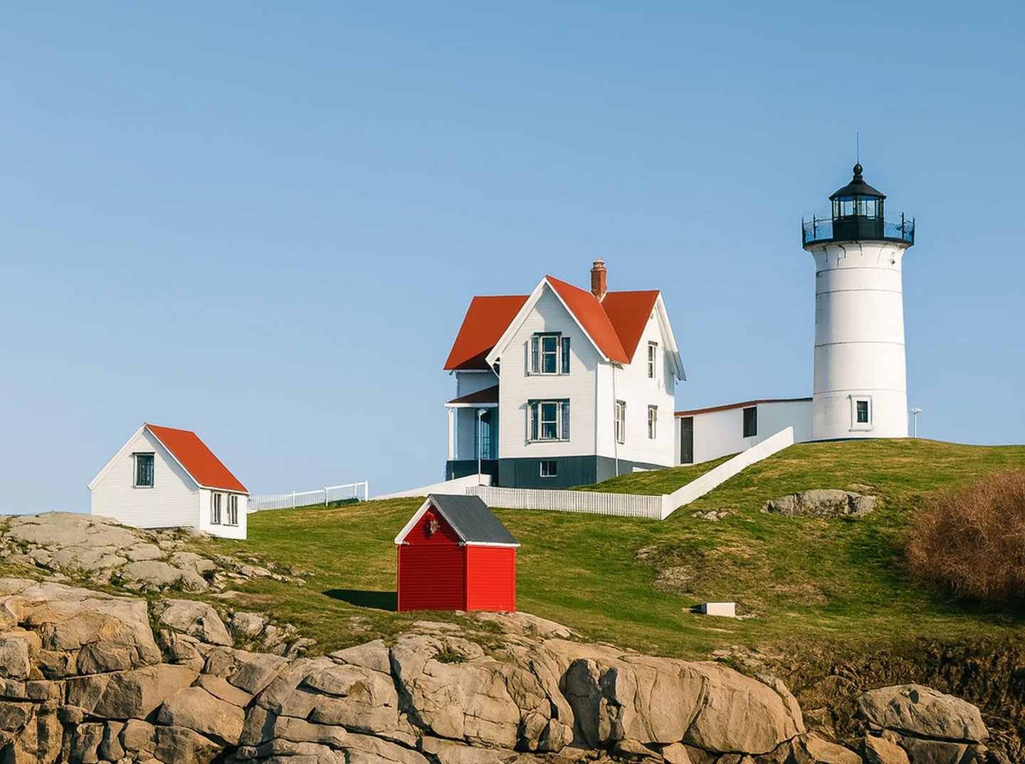 “Nubble Lighthouse in York, Maine with bright red roofs, symbolizing trusted seasonal home watch ser