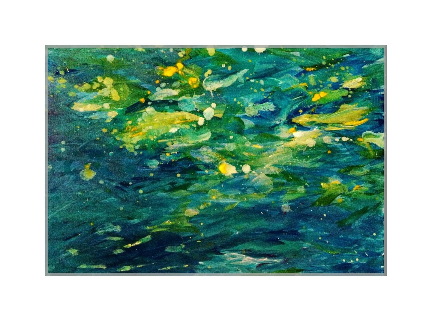 Abstract painting with vibrant dynamic blue and green brushstrokes and yellow light splatters.