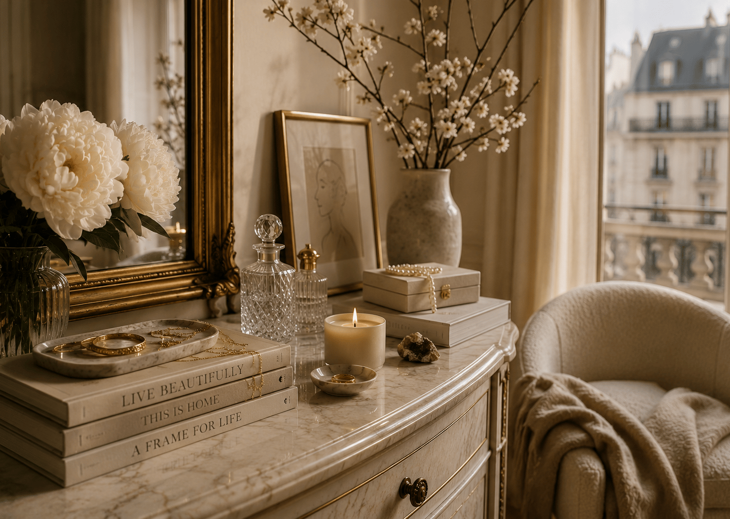 Elegant Parisian style bedroom dresser featuring a lighted candle, white peonies, and jewelry.