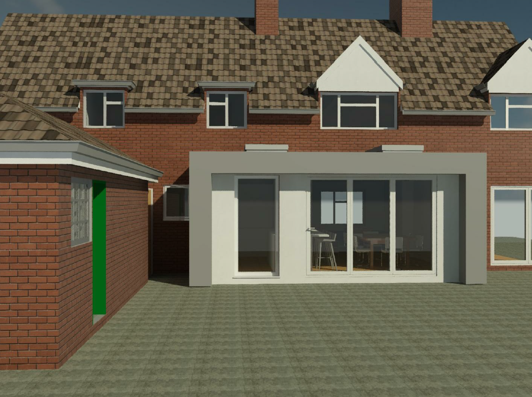 3D digital image of single story rear extension for terrace house