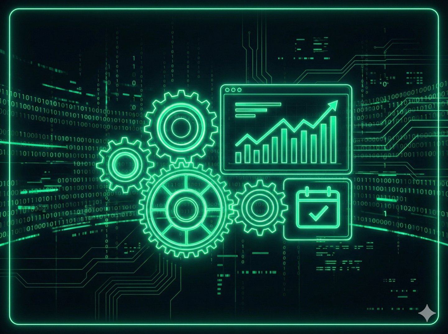 Painel de dashboard e engrenagens neon representando a gestão mensal e atualização técnica de perfil de empresa.