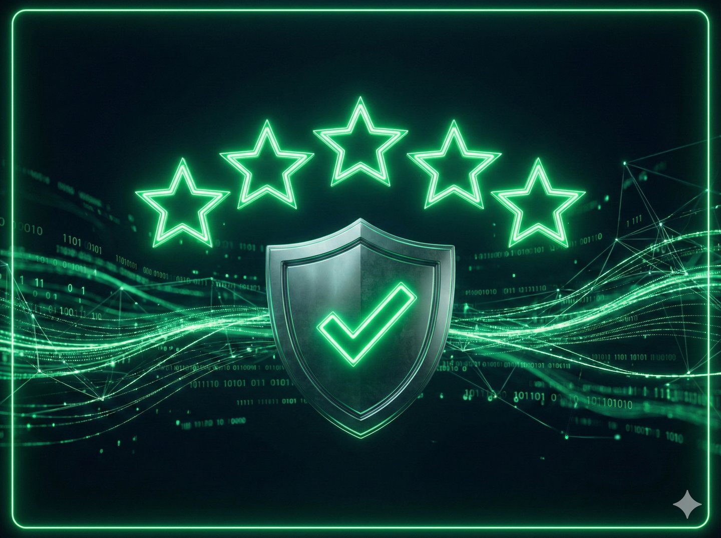 Escudo de proteção com 5 estrelas neon verdes, simbolizando gestão de reputação e avaliações positivas no Google.