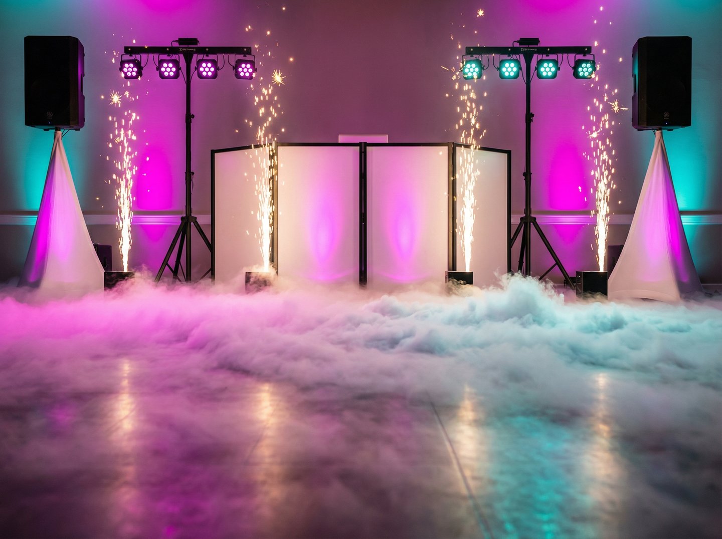 Professional wedding DJ setup with low fog machine effects, cold sparklers, and colorful stage lighting
